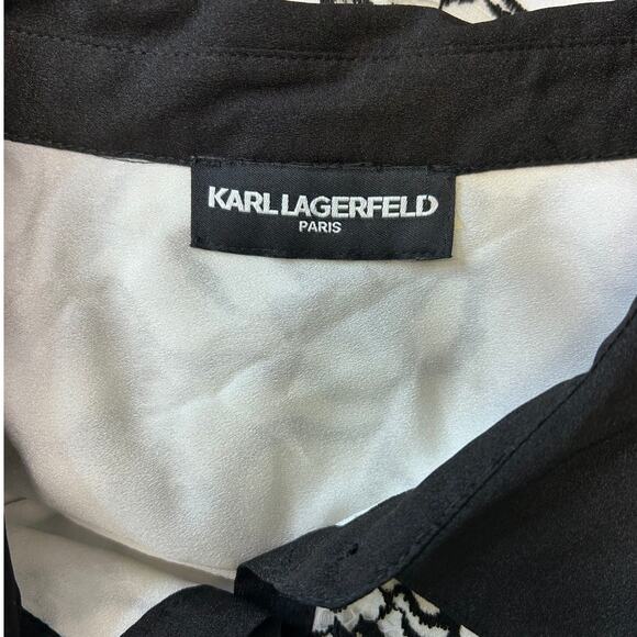 Karl Lagerfeld Women’s Long Bell Sleeve Button Down Lace Blouse, Black/White - Picture 6 of 12